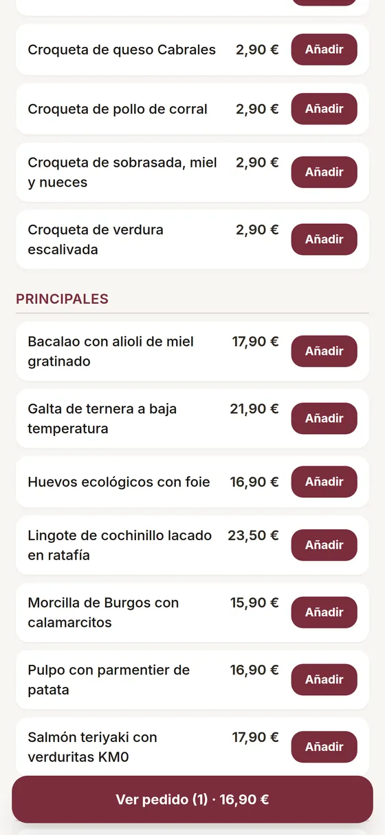 Carta QR en el móvil con el botón de añadir a la comanda