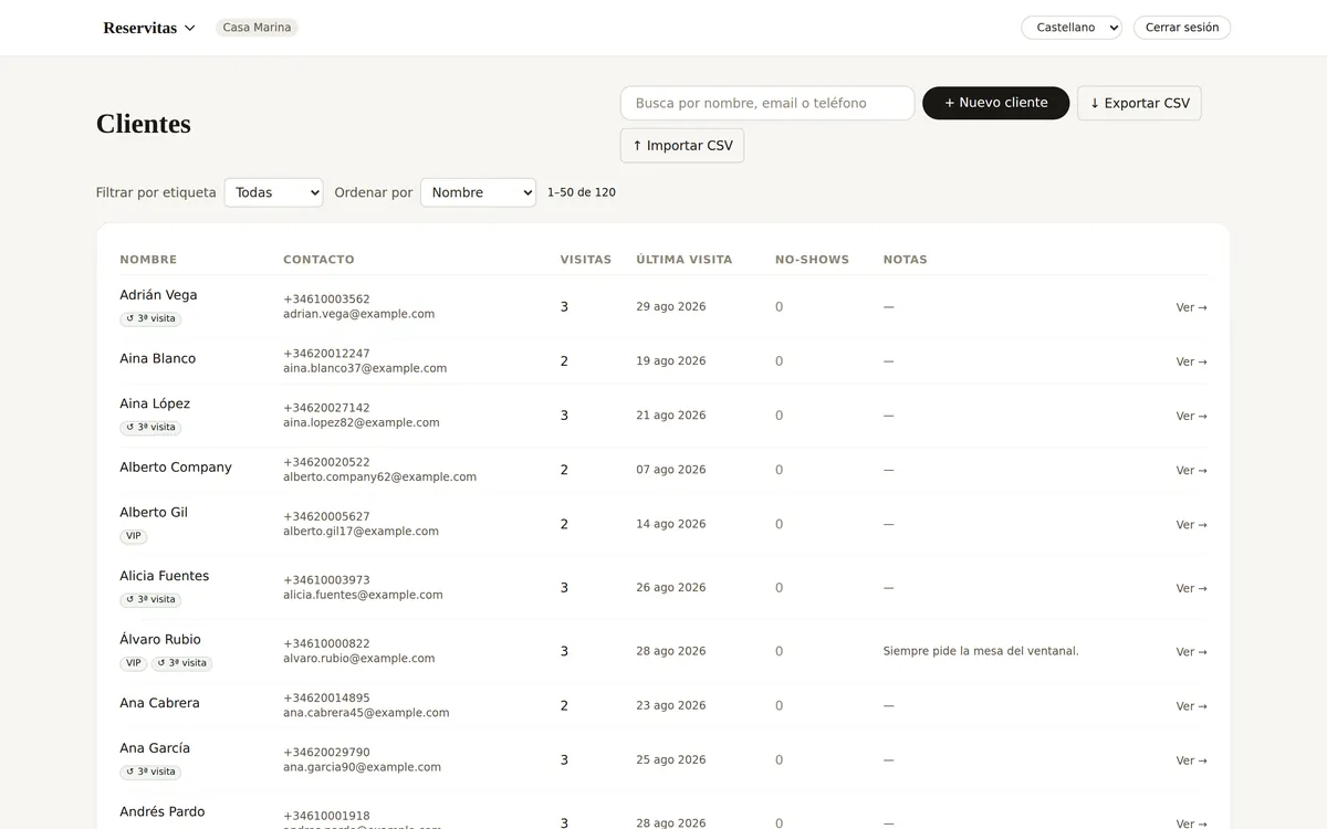 Ficha de clientes con visitas, etiquetas y exportación a CSV