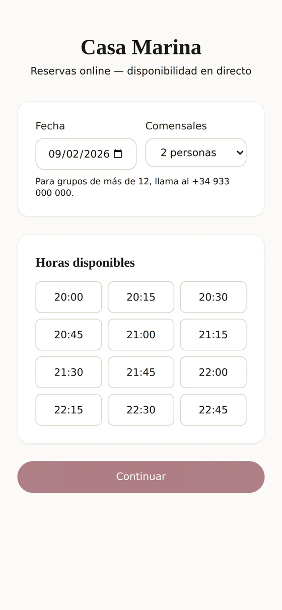 Página pública de reservas del restaurante en el móvil