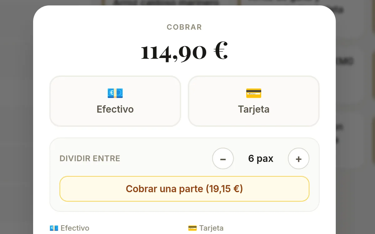 Pantalla de cobro con efectivo, tarjeta, cuenta dividida y factura con NIF