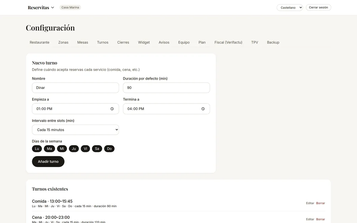 Configuración de turnos y horarios del restaurante